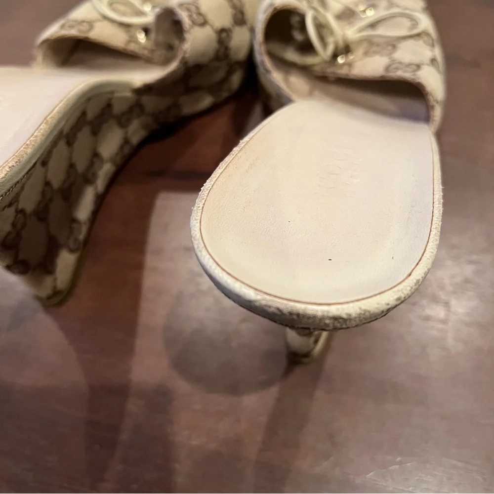 Gucci Beige GG Canvas Open Toe Wedge Heel Women’s Size 10 - Picture 6 of 10